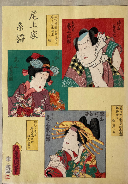 Title: Onoe Matsusuke III as Sato Yomoshichi, Kakunosuke I as Konami, and Eizaburo IV/V as Yukun Akoya