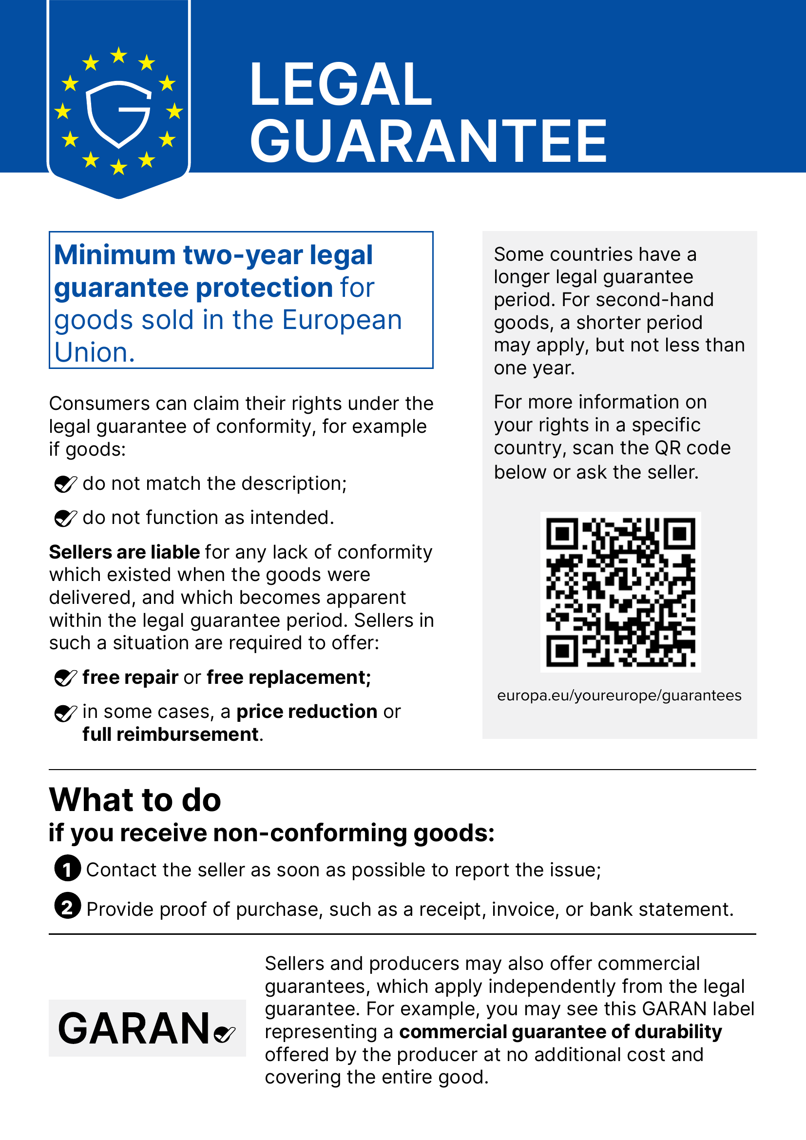 Legal guarantee. Minimum two-year legal guarantee protection for goods sold in the European Union. Consumers can claim their rights under the legal guarantee of conformity, for example if goods do not match the description or do not function as intended. Sellers are liable for any lack of conformity which existed when the goods were delivered, and which becomes apparent within the legal guarantee period. Sellers in such a situation are required to offer: free repair or free replacement; in some cases, a price reduction or full reimbursement. Some countries have a longer legal guarantee period. For second-hand goods, a shorter period may apply, but not less than one year. For more information on your rights in a specific country, scan the QR code or ask the seller: europa.eu/youreurope/guarantees. What to do if you receive non-conforming goods: 1. Contact the seller as soon as possible to report the issue. 2. Provide proof of purchase, such as a receipt, invoice, or bank statement. Sellers and producers may also offer commercial guarantees, which apply independently from the legal guarantee. For example, you may see this GARAN label representing a commercial guarantee of durability offered by the producer at no additional cost and covering the entire good.